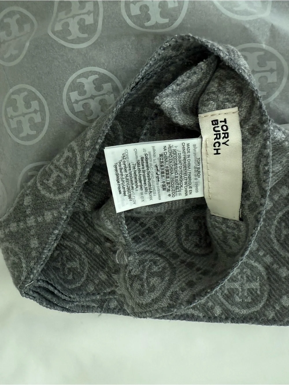 Tory Burch Gray Monogram Scarf with Fringe